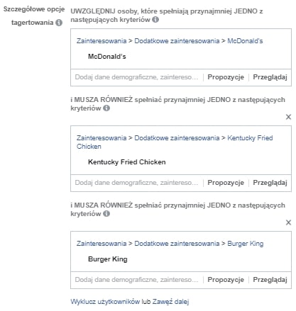 Zainteresowania na facebooku - targetowanie (screen)