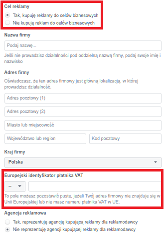 Faktury na facebooku - krok pierwszy - cel reklamy i ID płatnika VAT (screen)