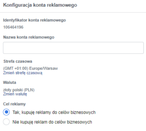 Faktura facebook ads - konfiguracja konta reklamowego (screen)