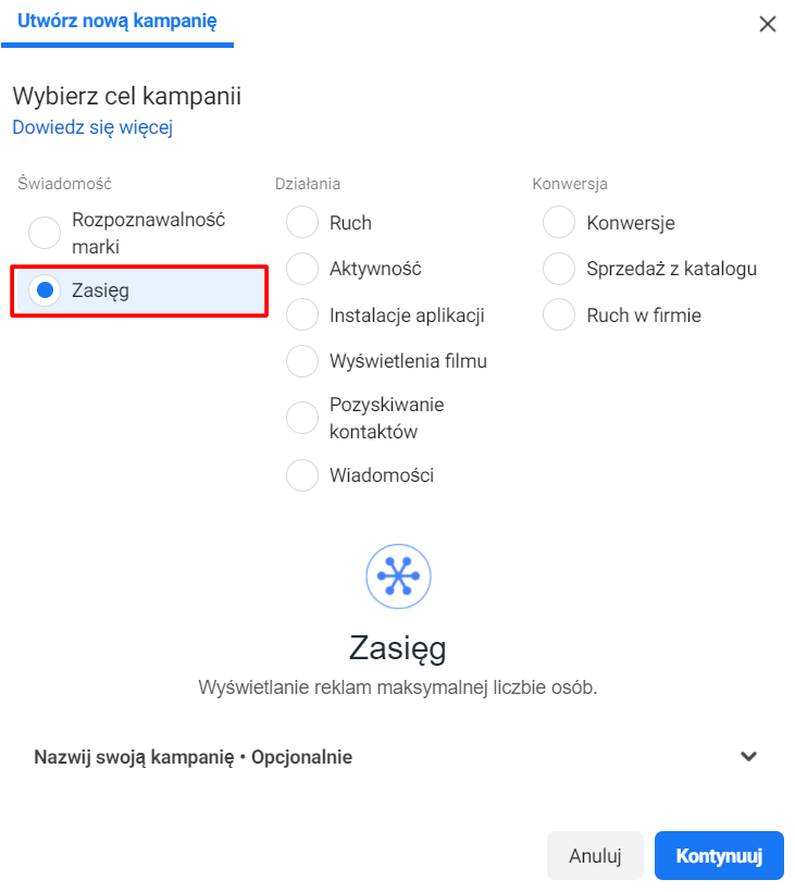 Facebook Ads - tworzenie nowej kampanii na zasięg