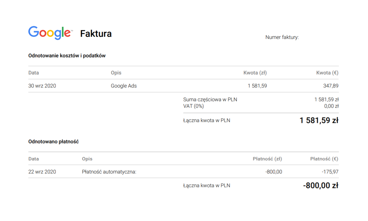 Jak wygląda faktura Google Ads?