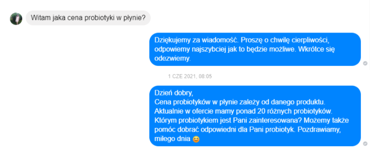 Automatyczna odpowiedź w Messengerze na przykładzie profilu producenta probiotyków w formie płynnej – firmy Living Food